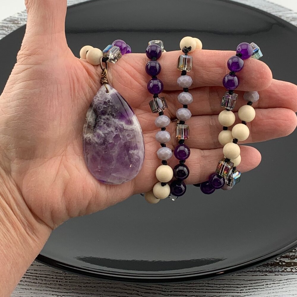 Amethyst Stone Teardrop Stone & Glass Beads Long Necklace Boho J890 - Picture 9 of 10
